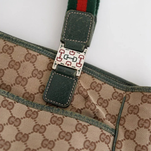 GUCCI Beige & Green GG Sherry Canvas Web Handle Tote Purse Bag - Picture 7 of 17